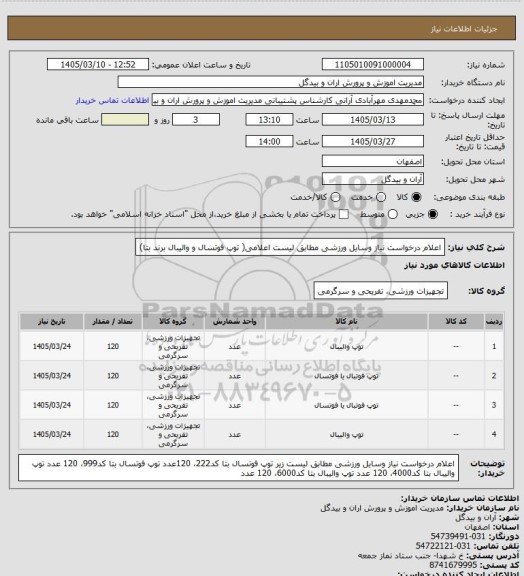 استعلام اعلام درخواست نیاز وسایل ورزشی مطابق لیست اعلامی( توپ فوتسال و والیبال برند بتا)