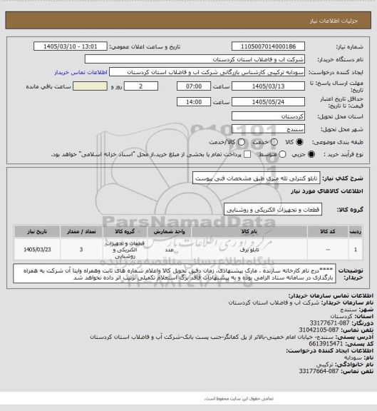 استعلام تابلو کنترلی تله متری طبق مشخصات فنی پیوست