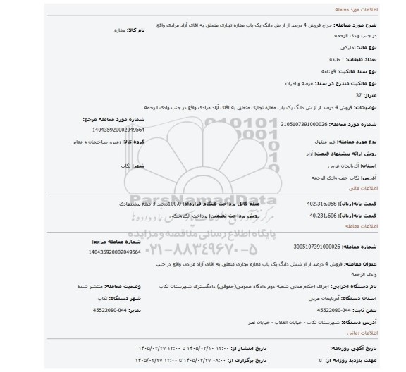 مزایده، فروش 4 درصد از از ش دانگ یک باب مغازه تجاری متعلق به اقای آزاد مرادی واقع در جنب وادی الرحمه