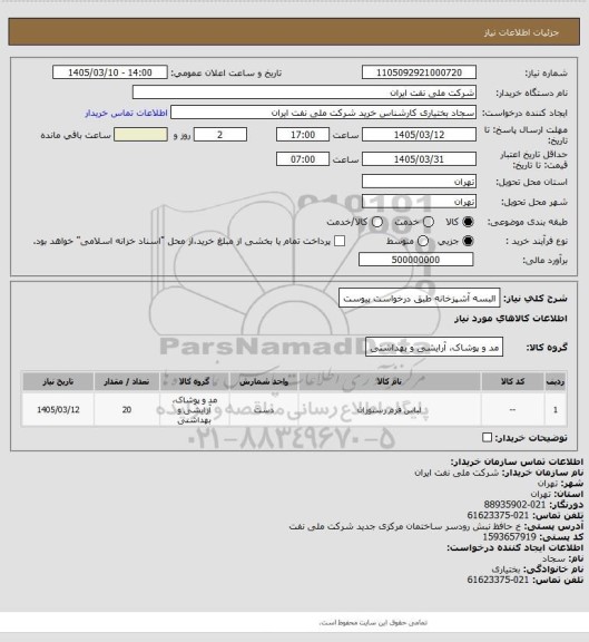 استعلام البسه آشپزخانه طبق درخواست پیوست