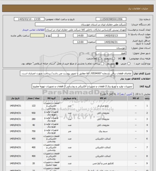 استعلام تقاضای قطعات برقی بشماره 0534007/ کالا مطابق با تصویر پیوست می باشد/ پرداخت بصورت اعتباری است.