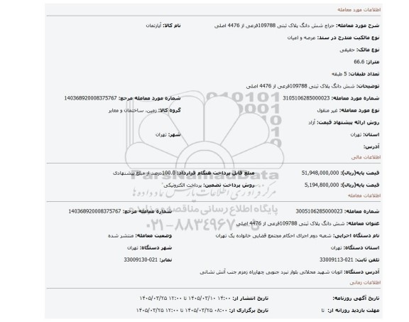 مزایده، شش دانگ پلاک ثبتی 109788فرعی از 4476 اصلی