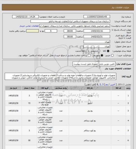 استعلام تامین دوربین پایش تصویری طبق لیست پیوست