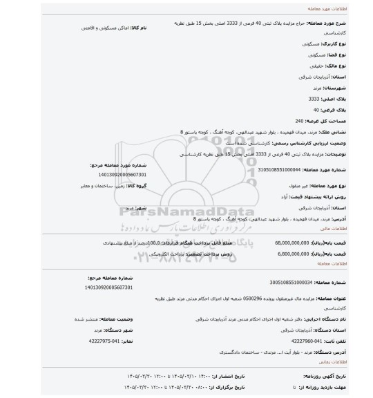 مزایده، مزایده پلاک ثبتی 40 فرعی از 3333 اصلی بخش 15 طبق نظریه کارشناسی