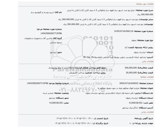 مزایده، پنج عدد اسپور ساز قهوه ساز ایتالوکس 3 تا بدون کارتن 2تا با کارتن به ارزش 300.000.000 ریال