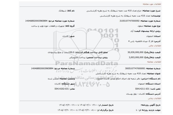 مزایده، تعداد 410 عدد جعبه شیطانک به شرح نظریه کارشناسی