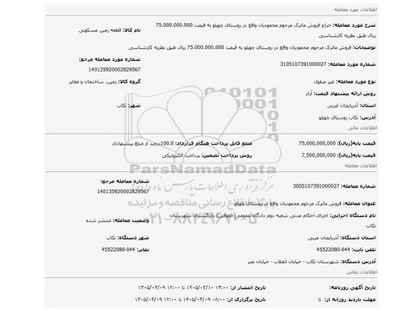 مزایده، فروش ماترک مرحوم محمودیان واقع در روستای چوپلو به قیمت 75.000.000.000 ریال طبق نظریه کارشناسی