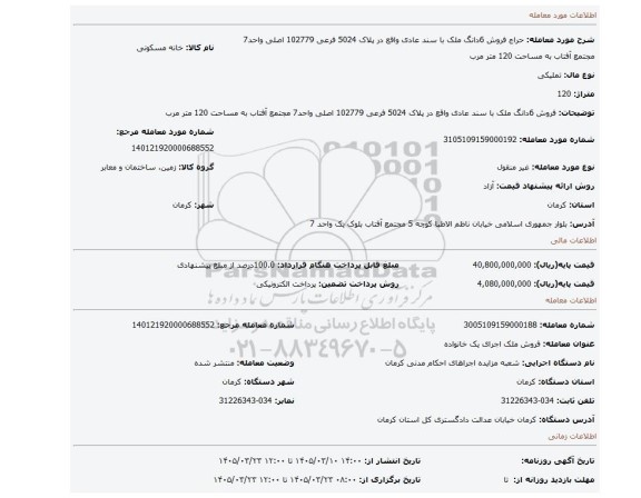 مزایده، فروش 6دانگ ملک با سند عادی واقع در پلاک 5024 فرعی 102779 اصلی واحد7 مجتمع آفتاب به مساحت 120 متر مرب