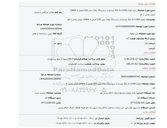 مزایده، مقدار 1429/ 0 دانگ مشاع از ششدانگ پلاک ثبتی 233 فرعی از 10944 اصلی بخش 1 قم