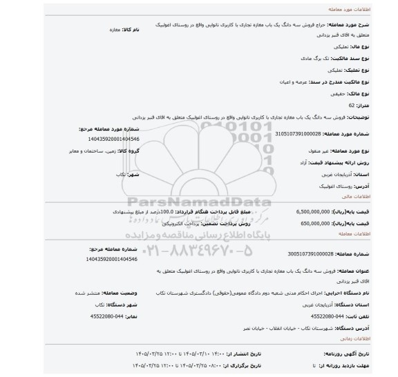 مزایده، فروش سه دانگ یک باب مغازه تجاری با کاربری نانوایی واقع در روستای اغولبیک متعلق به اقای قنبر یزدانی