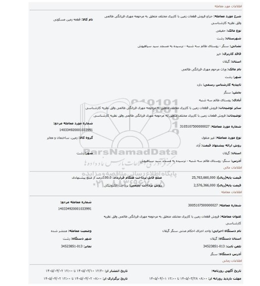 مزایده، فروش قطعات زمین با کاربری مختلف متعلق به مرحومه مهری فرزانگی طالمی وفق نظریه کارشناسی