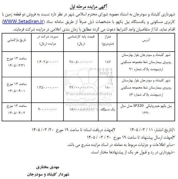 مزایده فروش دو قطعه زمین با کاربری مسکونی و یکدستگاه بیل بکهو