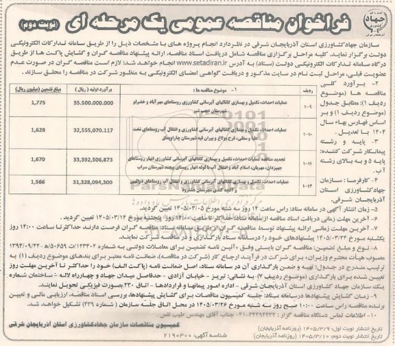فراخوان مناقصه عملیات احداث تکمیل و بهسازی کانالهای آبرسانی کشاورزی روستاهای... نوبت دوم 