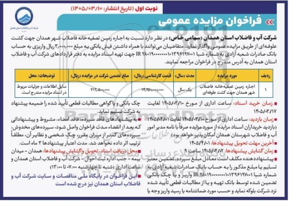 مزایده عمومی اجاره زمین تصفیه خانه فاضلاب شهر ...