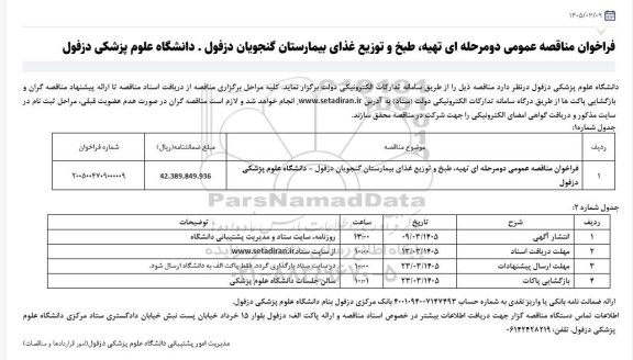 فراخوان مناقصه تهیه، طبخ و توزیع غذای بیمارستان