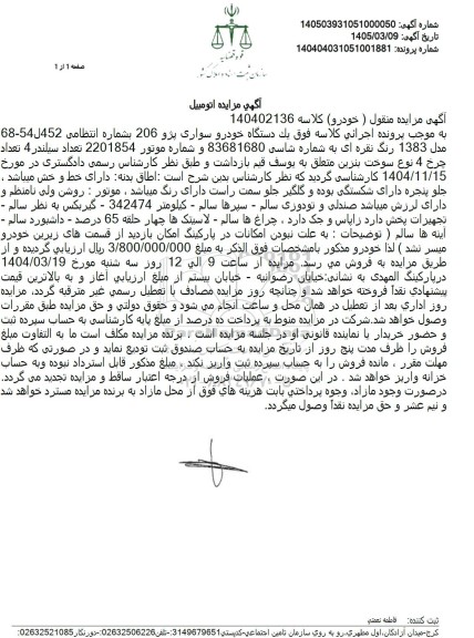 مزایده يك دستگاه خودرو سواری پژو 206