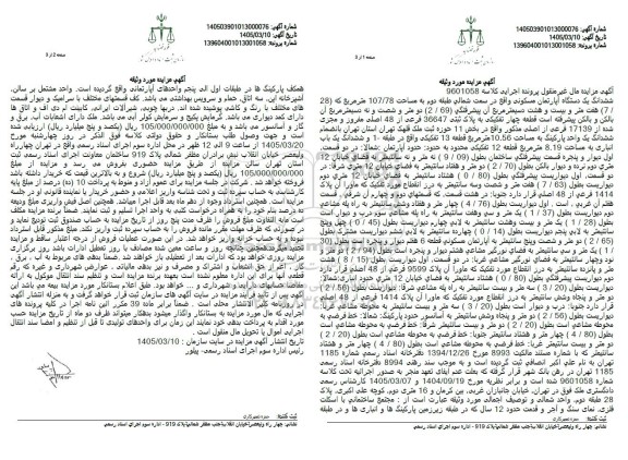 مزایده ششدانگ یک دستگاه آپارتمان مسکونی 