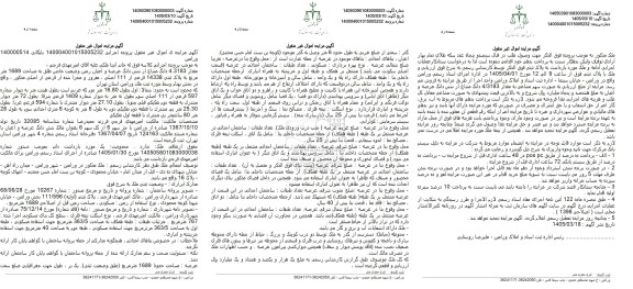 مزایده مقدار 4.3183 دانگ مشاع از شش دانگ عرصه و اعیان زمین وضعیت خاص طلق به مساحت 1689 مترمربع به پلاک ثبتی 14338 فرعی از 111 اصلی، مفروز و مجزا شده از فرعی از اصلی 