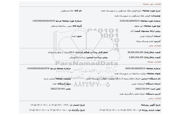 مزایده، فروش ملک مسکونی در شهرستان نقده