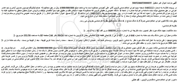 مزایده شش دانگ یک باب خانه به شماره 646 فرعی از 437 فرعی از 8 اصلی قطعه 120 تفکیکی