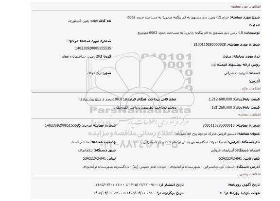 مزایده، 15- زمین دیم مشهور به قم ینگجه چایی1 به مساحت حدود 6063 مترمربع