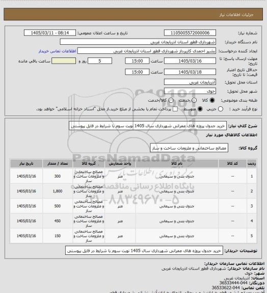 استعلام خرید جدول پروژه های عمرانی شهرداری سال 1405 نوبت سوم با شرایط در فایل پیوستی