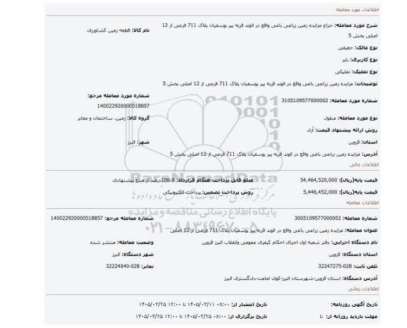 مزایده، مزایده زمین زراعی باغی واقع در الوند قریه پیر یوسفیان پلاک 711  فرعی از 12 اصلی بخش 5