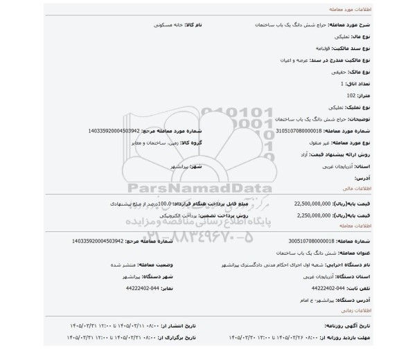مزایده، حراج شش دانگ یک باب ساختمان
