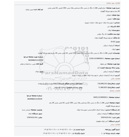 مزایده، فروش  1.166 دانگ از شش دانگ مشاعی پلاک ثبتی 1551 فرعی 61 اصلی بخش 05 بنام مرحوم عزیزاله گوهری