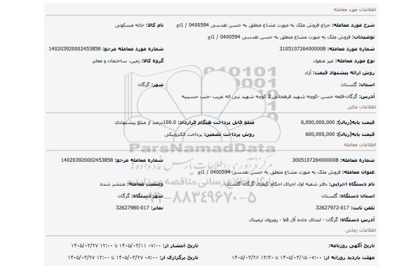 مزایده، فروش ملک به صورت مشاع متعلق به حسن تقدسی 0400594 / 1اج