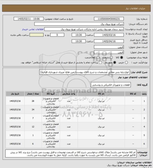 استعلام انواع پایه بتنی مطابق مشخصات و شرح کالای پیوست(زمین های عزیزی شهرداری اقبالیه)