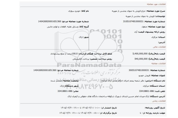 مزایده، فروش به عنوان بخشی از مهریه