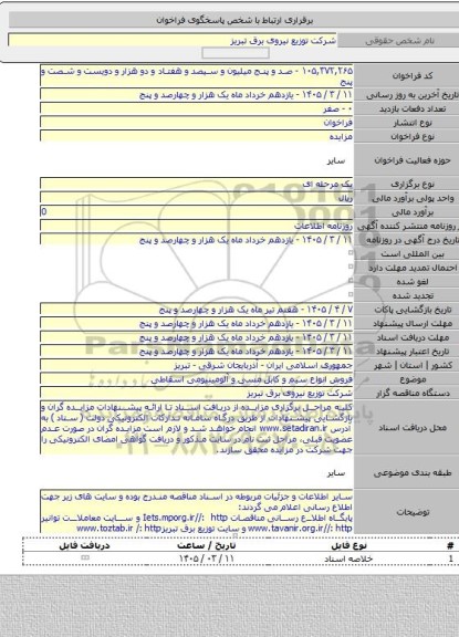مزایده, فروش انواع سیم و کابل مسی و آلومینیومی اسقاطی