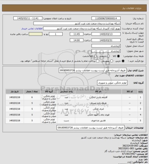 استعلام ظروف آشپزخانه طبق لیست پیوست اطلاعات بیشتر 09185953726