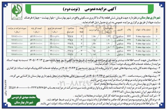 مزایده فروش شش قطعه پلاک با کاربری مسکونی نوبت دوم 