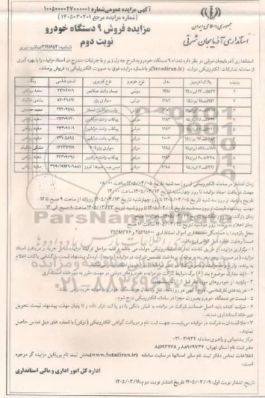 مزایده فروش تعداد 9 دستگاه خودرو-  نوبت دوم 