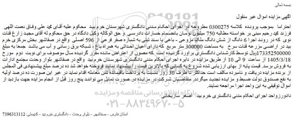 مزایده 6 دانگ از شش دانگ ملک مزوعی - باغی با سند ثبتی به شماره صفر فرعی از 596 اصلی  