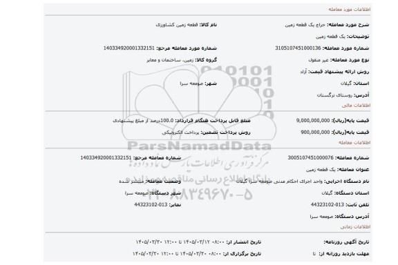 مزایده، یک قطعه زمین