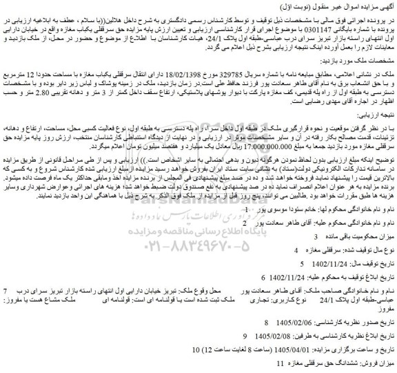 مزایده حق سرقفلی یکباب مغازه 