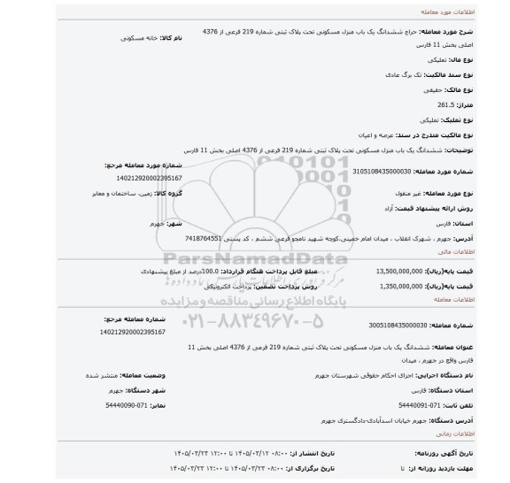 مزایده،  ششدانگ یک باب منزل مسکونی تحت پلاک ثبتی شماره 219 فرعی از 4376 اصلی بخش 11 فارس