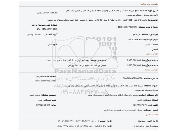 مزایده، مزایده پلاک ثبتی 4281 اصلی واقع در قطعه 1 بخش 25 فارس متعلق به شخص ثالث زینب محمدی روستای میرحسنی
