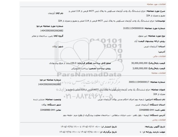 مزایده، حراج ششدانگ یک واحد آپارتمان مسکونی به پلاک ثبتی 4477 فرعی از 114 اصلی و مفروز و مجزی از 324