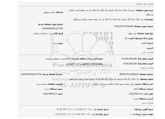 مزایده، یک دانگ از 6 دانگ اپارتمان و3 دانگ از 6 دانگ یک باب مغازه اعم از مالکیت وسرقفل