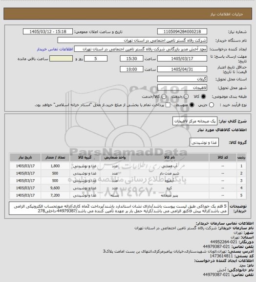 استعلام پک صبحانه مرکز لاهیجان