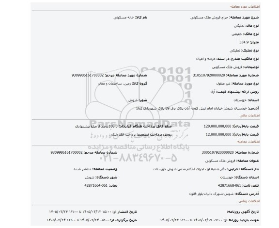 مزایده، فروش ملک مسکونی