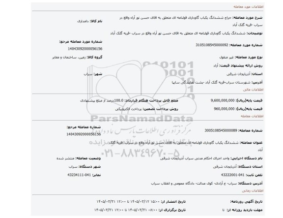 مزایده، ششدانگ یکباب گاوداری قولنامه ای  متعلق به اقای حسن نور آراء واقع در سراب -قریه گلک آباد