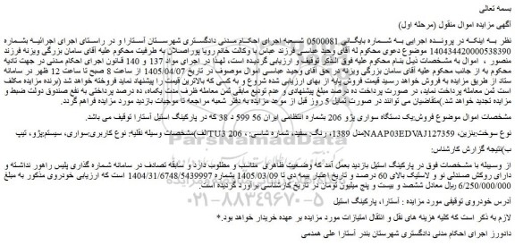 مزایده فروش یک دستگاه سواری پژو 206 بشماره انتظامی ایران 56 599 د 38 