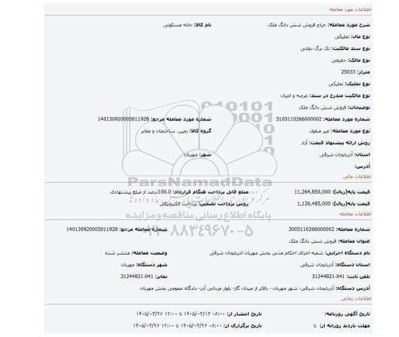 مزایده، فروش شش دانگ ملک