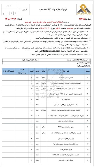 استعلام خرید 16 ردیف اقلام برقی بنز مایلر 