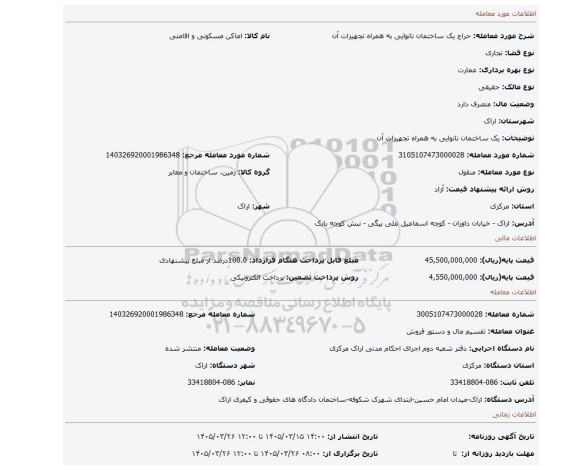 مزایده، یک ساختمان نانوایی به همراه تجهیزات آن